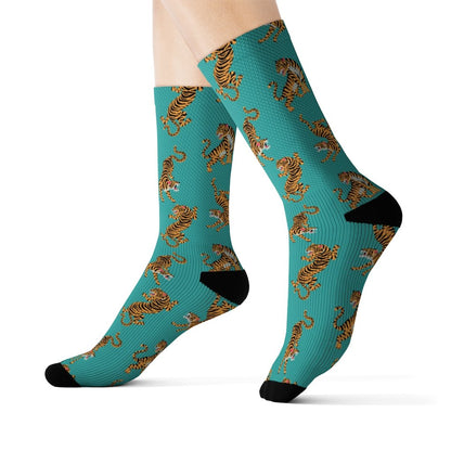 Yellow Pandora Tiger Fun novelty socks featuring bold tiger stripe patterns and playful design, perfect for casual wear.