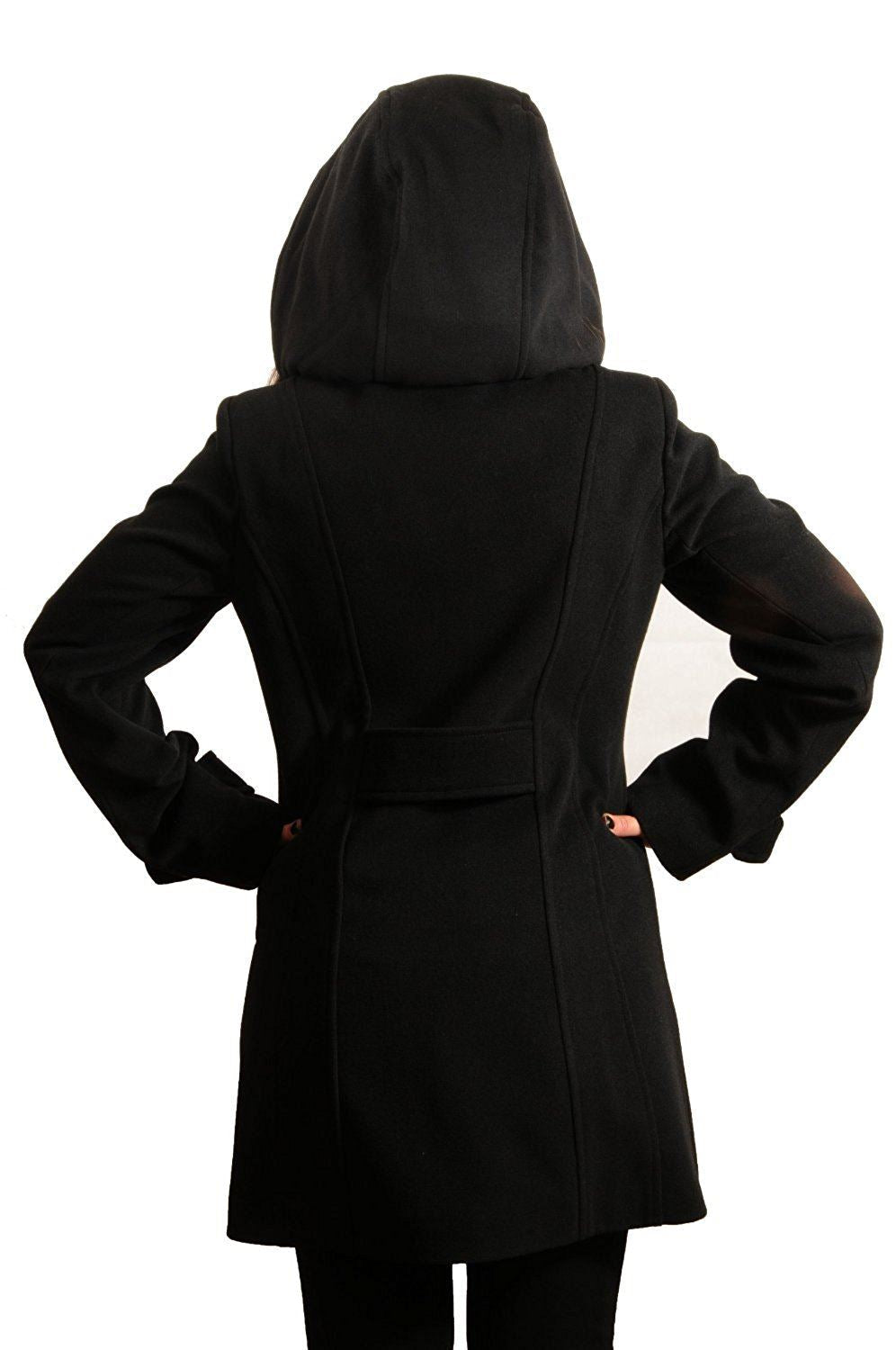 Rose Eleusis wool feel double-breasted hooded coat, featuring a stylish design, front buttons, and a cozy hood for cold weather.