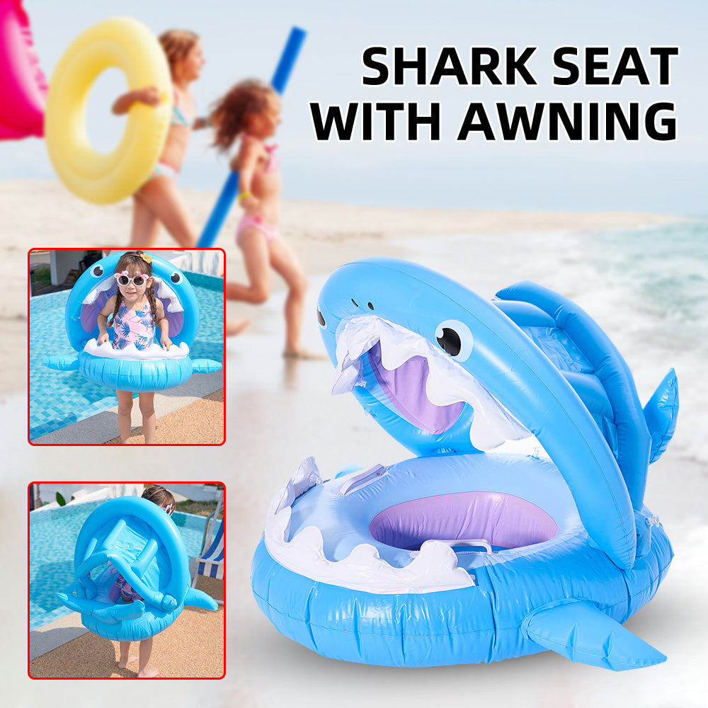 Maroon Asteria inflatable shark-shaped swimming ring for kids with a sunshade awning, designed for safe water fun and seating.