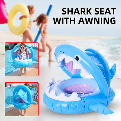 Maroon Asteria inflatable shark-shaped swimming ring for kids with a sunshade awning, designed for safe water fun and seating.