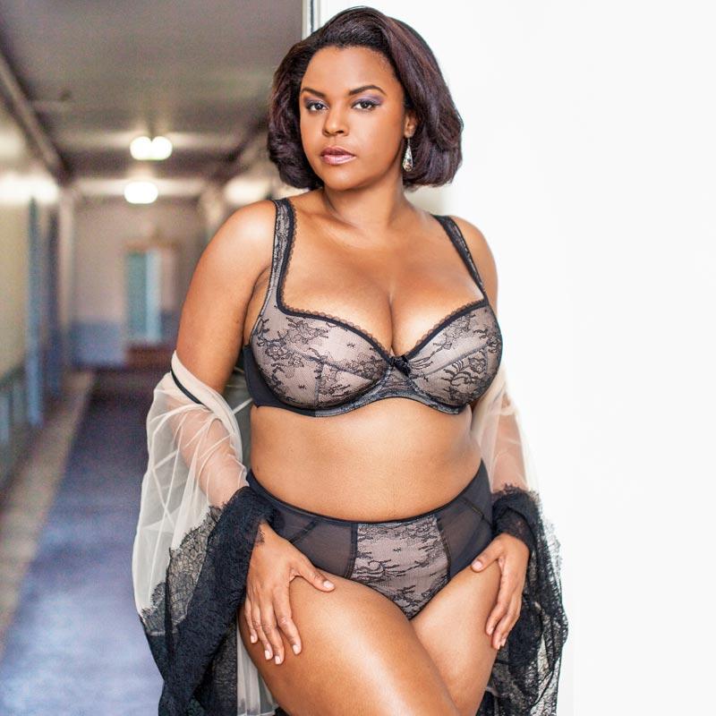 Lavinia Sofia lace overlay push-up plunge bra in black and beige, showcasing intricate lace details and supportive design.