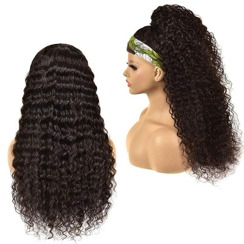 Deep wave human hair headband wig by Cerise Alfie, easy to wear, no glue, stylish bath and beauty accessory.