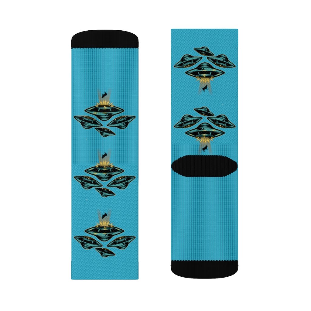 Yellow Pandora UFO Area 51 socks featuring alien and spaceship designs on soft, comfortable fabric.