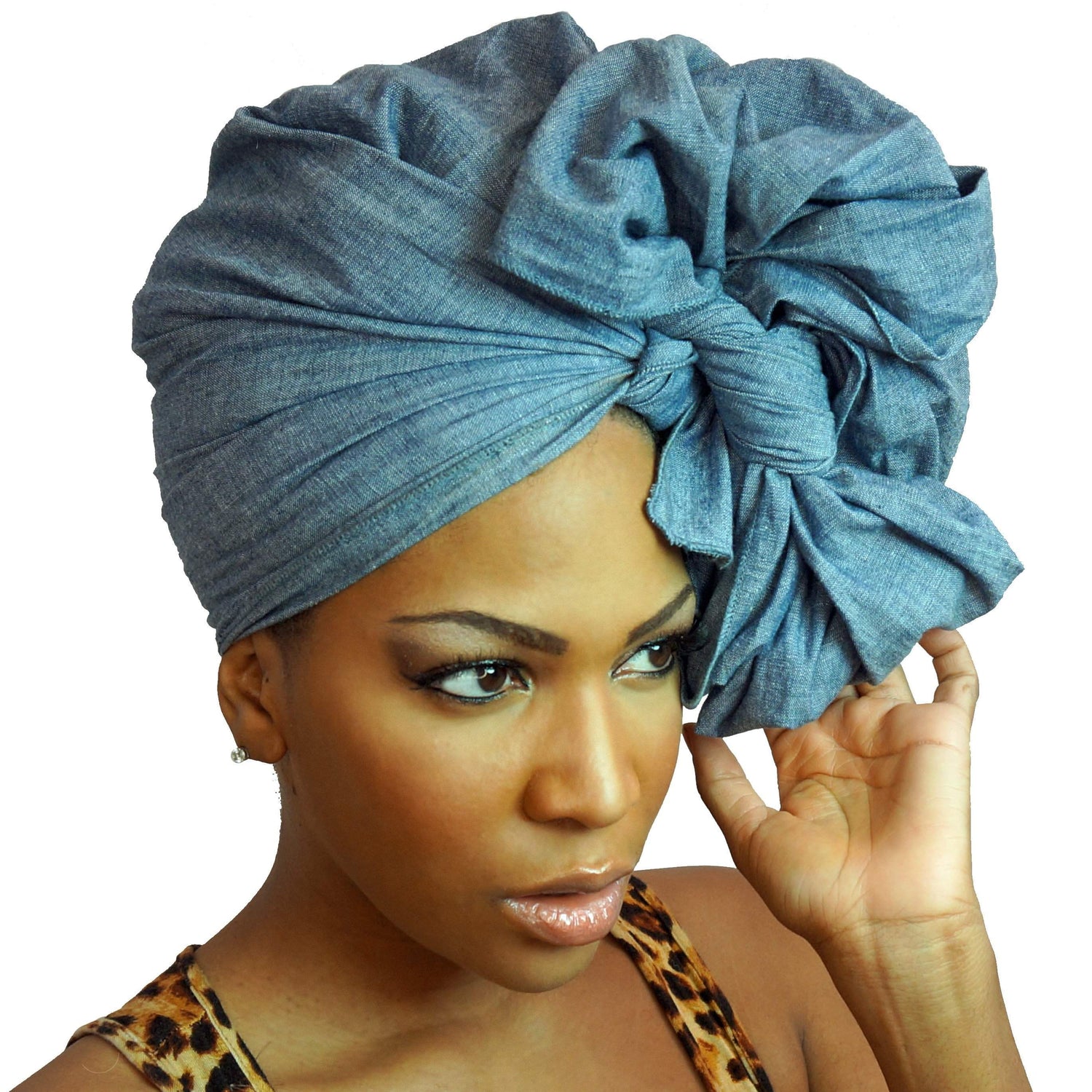 Start2Finish denim headwrap with stylish fabric, paired with an elegant blouse, showcasing trendy apparel and accessories.