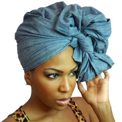 Start2Finish denim headwrap with stylish fabric, paired with an elegant blouse, showcasing trendy apparel and accessories.