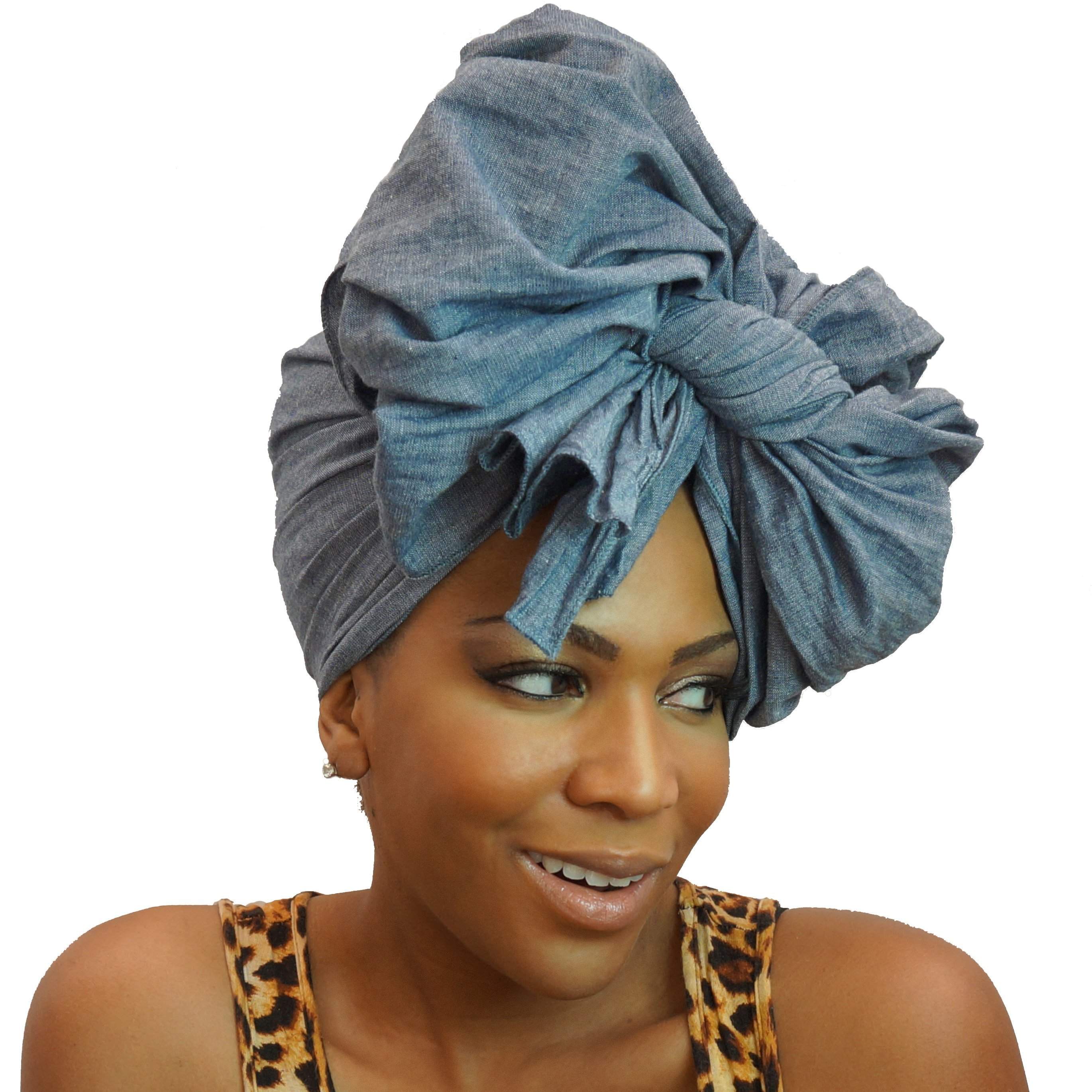 Start2Finish denim headwrap styled with an elegant blouse, showcasing casual chic apparel and accessories.