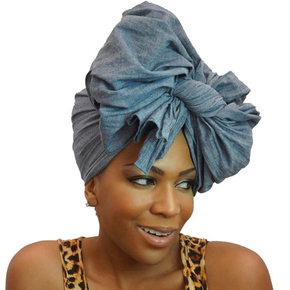 Start2Finish denim headwrap styled with an elegant blouse, showcasing casual chic apparel and accessories.