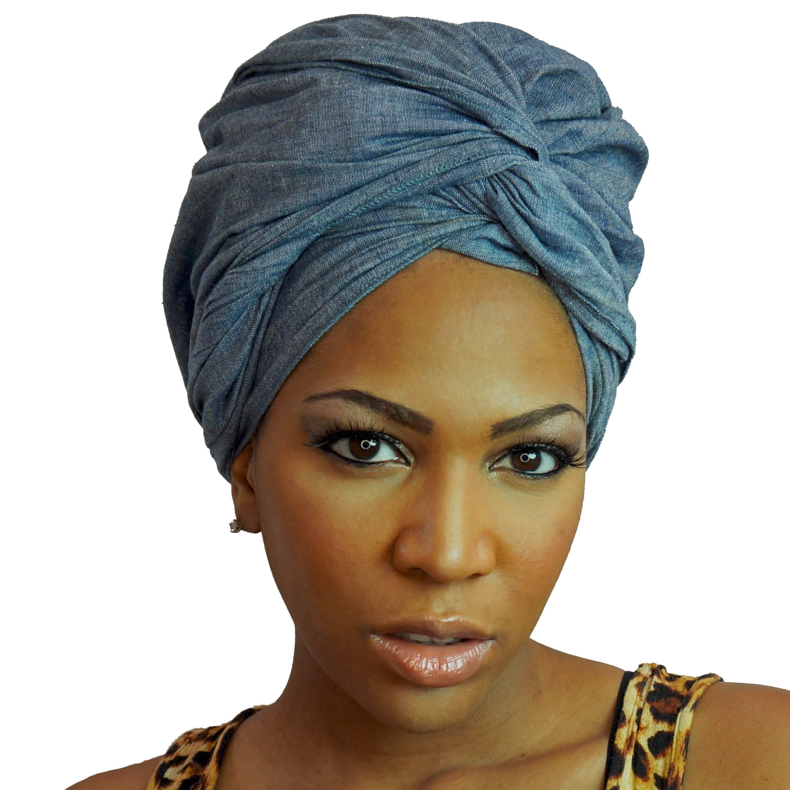 Denim chambray headwrap styled as a scarf or bandana from Amaranth Phanes, showcasing casual, versatile headwear.