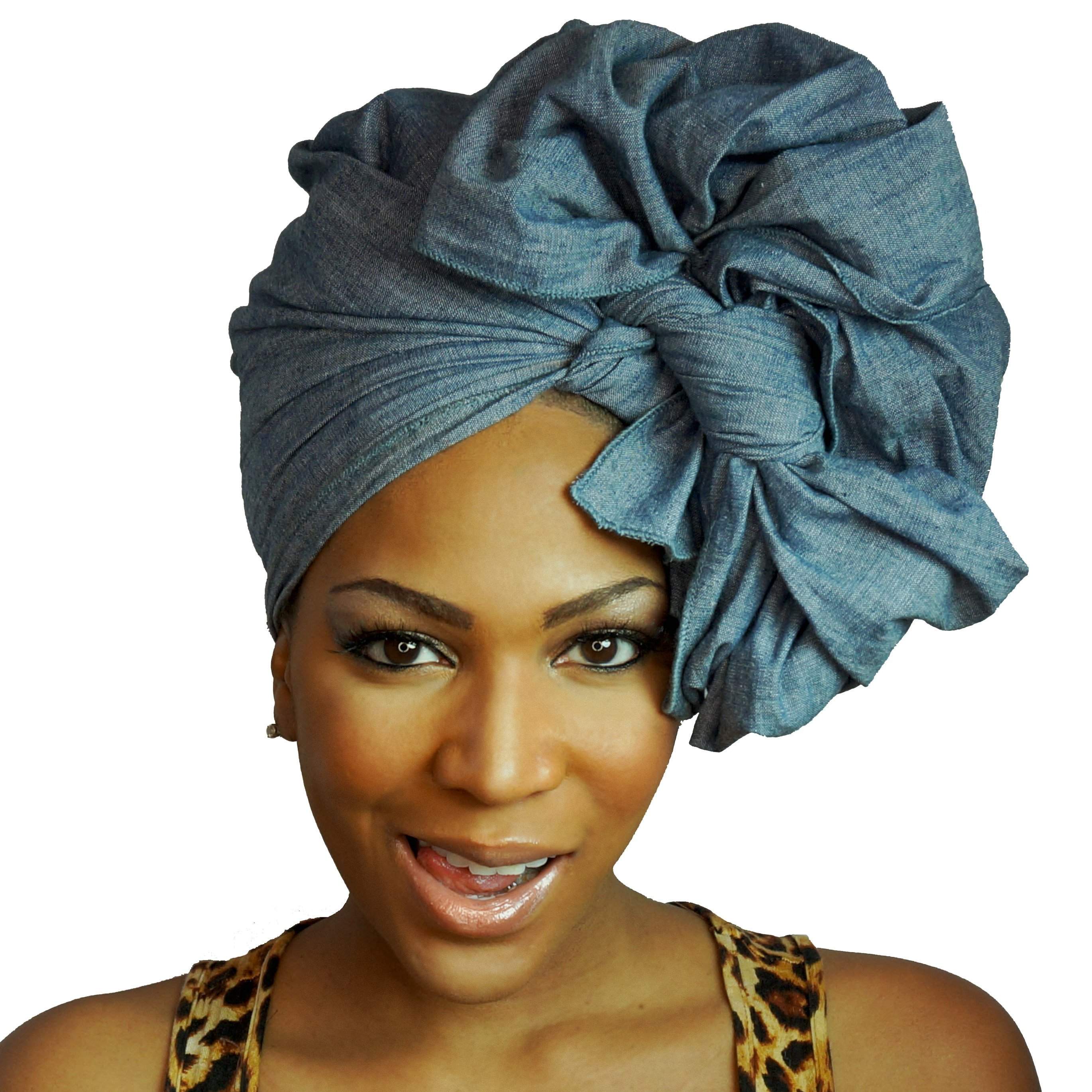 Denim chambray headwrap by Amaranth Phanes, showing a casual, stylish fabric head covering with a knot at the front.