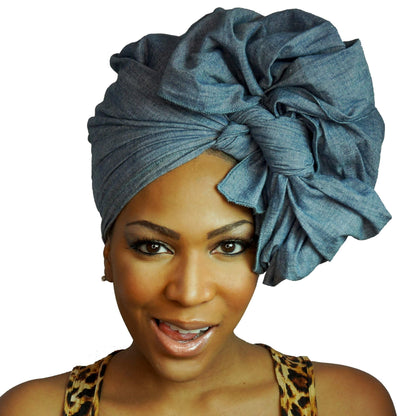 Denim chambray headwrap by Amaranth Phanes, showing a casual, stylish fabric head covering with a knot at the front.