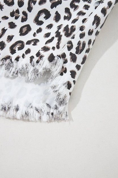 Leopard print frayed hem denim shorts for women by Ruby Styx, featuring distressed edges and a trendy, casual style.
