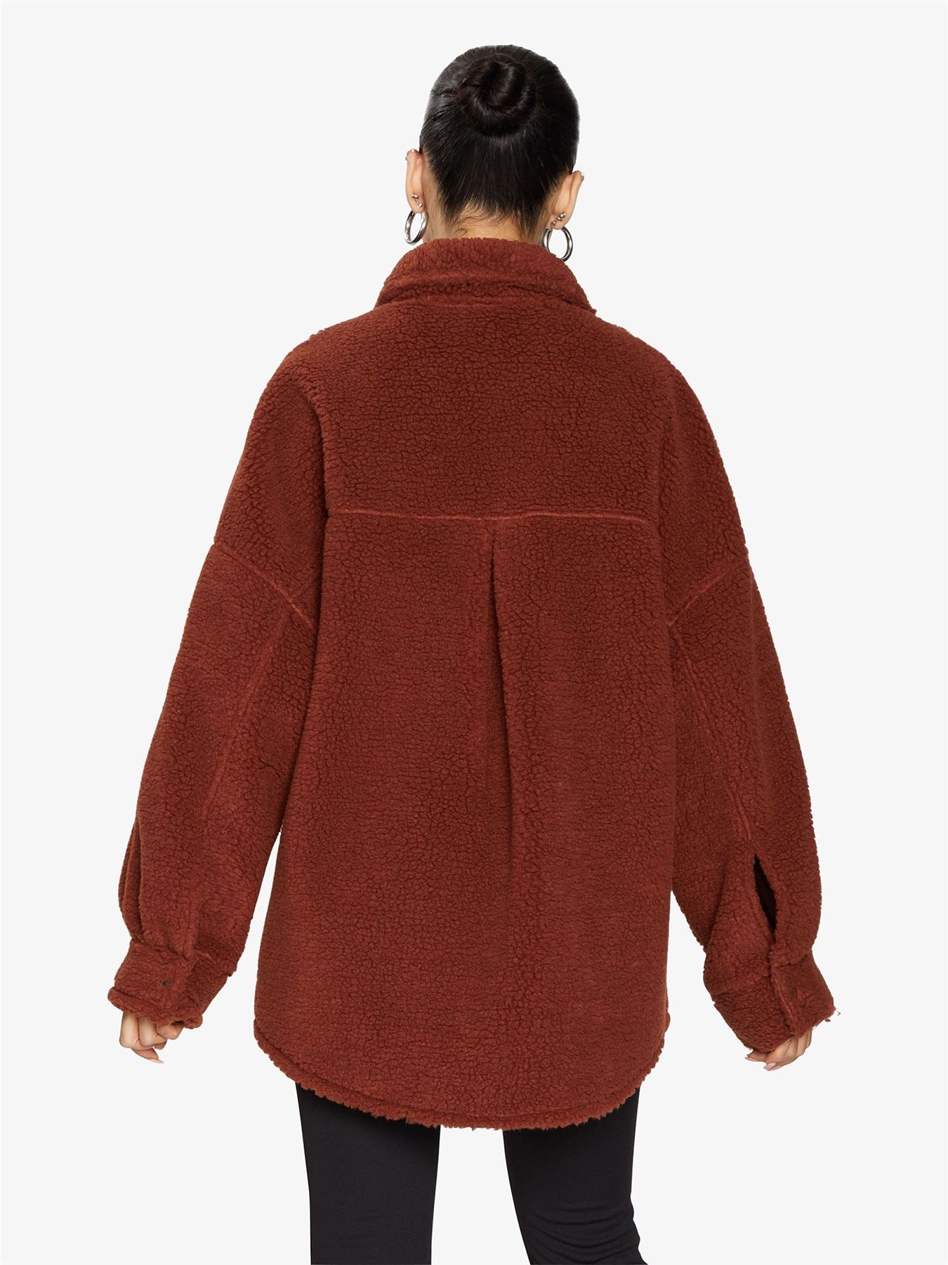 Rose Eleusis oversized patch pocket borg teddy shacket in soft, plush fabric with a relaxed fit and cozy design