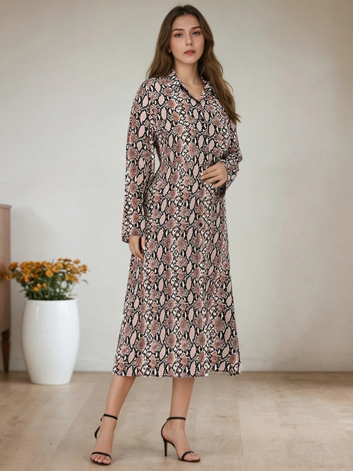 Pear Daisy snake print long sleeve shirt dress, stylish and comfortable, suitable for casual wear or home lounging.