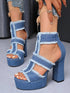 Jade Iapetus denim platform block heel sandals with frayed edge detail, showcasing stylish footwear with chunky heels and casual chic design.