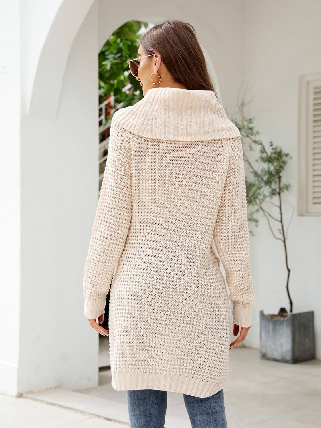 Carmine Juneberry waffle-knit turtleneck sweater dress with slit detail, cozy and stylish for fall and winter wear.