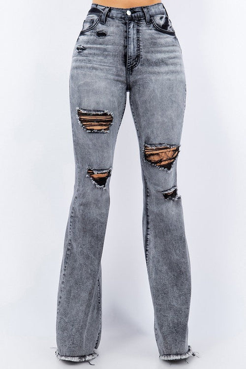 Gray Jade Icarus Storm Bell Bottom Jeans featuring flared legs and high-waisted fit, displayed on a mannequin.