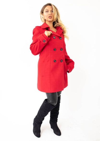 Rose Eleusis wool feel double-breasted hooded coat, stylish jacket with a cozy hood, tailored fit, and classic design.