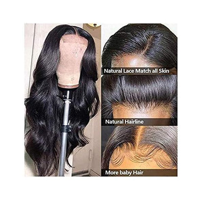 Natural color 4x4 lace closure wig with body wave human hair, styled for a full, natural look by Pear Daisy.