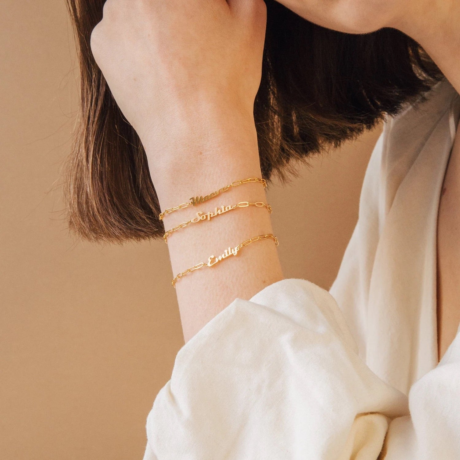Custom name bracelet from Pink Lucky featuring a stylish jewelry design with personalized engraved name on a sleek bracelet.