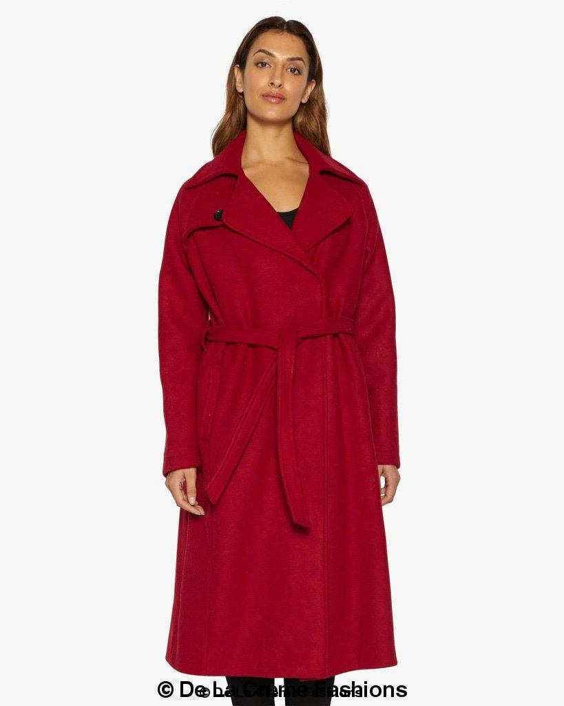 Rose Eleusis Diana wrap-around duster coat, stylish long coat with belt and wrap design, displayed on a hanger.