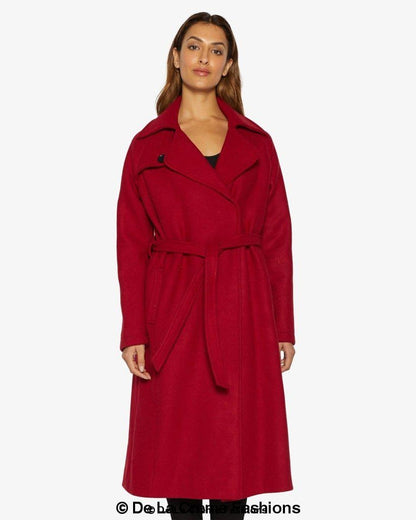 Rose Eleusis Diana wrap-around duster coat, stylish long coat with belt and wrap design, displayed on a hanger.