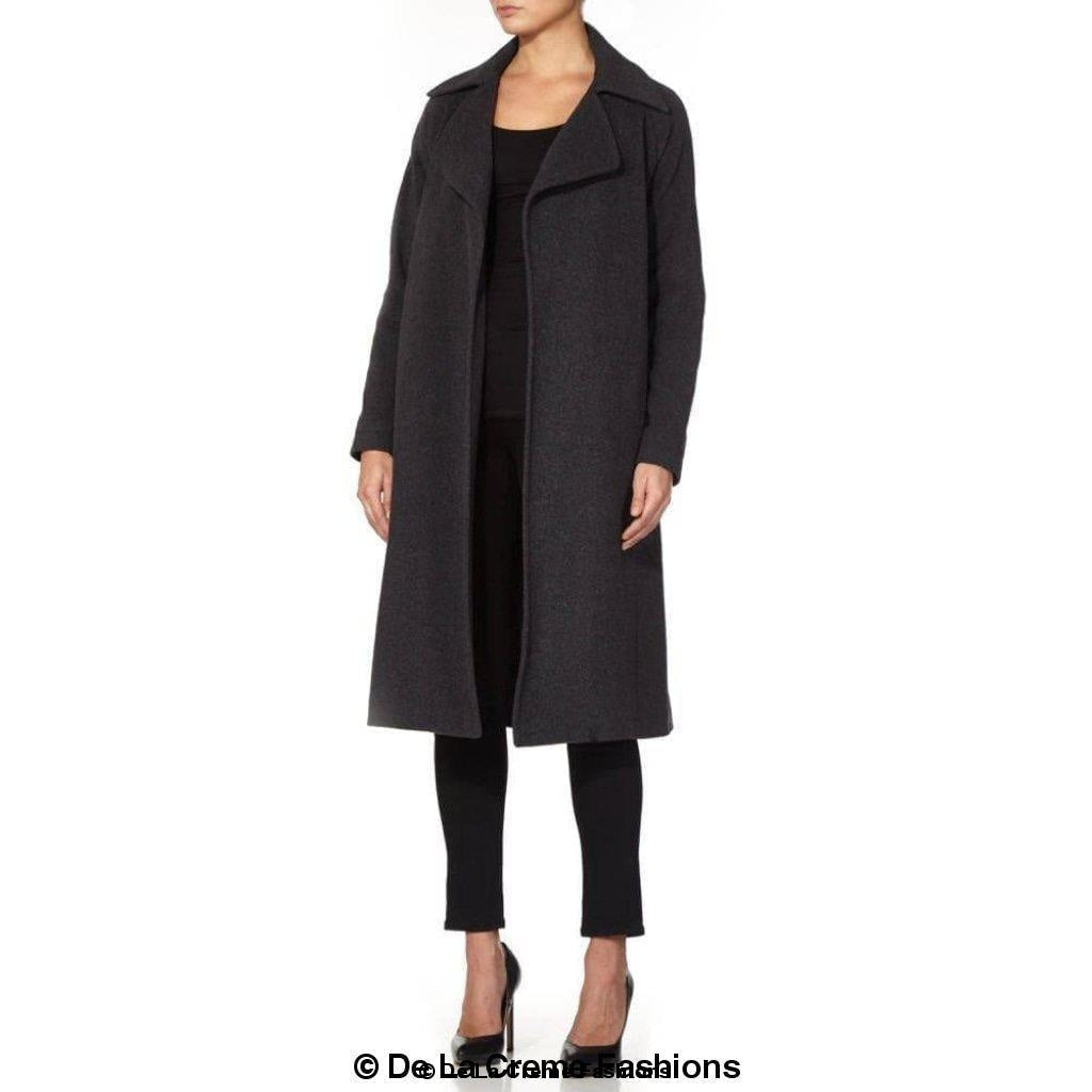 Rose Eleusis Diana wrap-around duster coat shown hanging, lightweight jacket with belt and long sleeves for stylish layering.