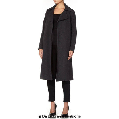 Rose Eleusis Diana wrap-around duster coat shown hanging, lightweight jacket with belt and long sleeves for stylish layering.
