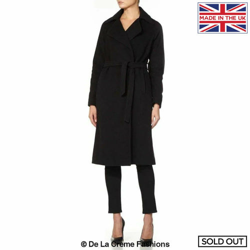 Black Diana wrap-around duster coat by Rose Eleusis, stylish long jacket with belt and open front design.