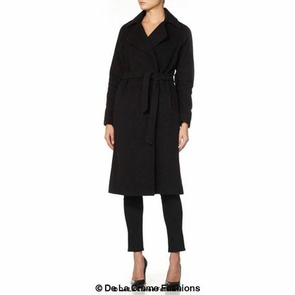 Black Rose Eleusis Diana wrap-around duster coat, stylish long coat with belt and open front, perfect for layering.