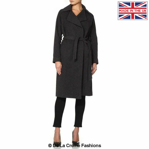 Grey Rose Eleusis Diana wrap-around duster coat with long sleeves and belt, styled for a chic, layered look.