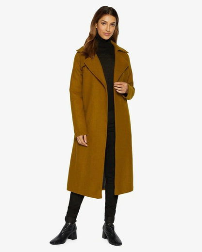 Lime green Diana wrap-around duster coat by Rose Eleusis, stylish long jacket with belt and collar detail.