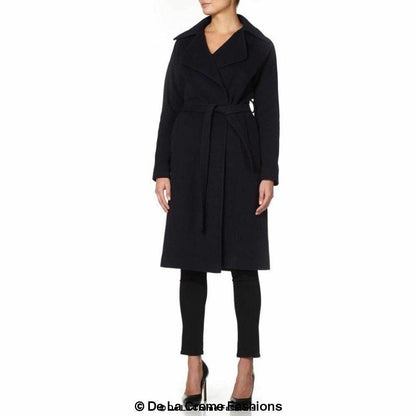 Navy Diana wrap-around duster coat by Rose Eleusis, stylish long jacket with belt, perfect for layering and fall weather.