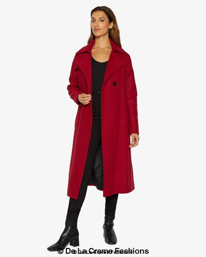 Rose Eleusis Diana wrap-around duster coat in red, stylish jackets and coats with a wrap design and long sleeves.