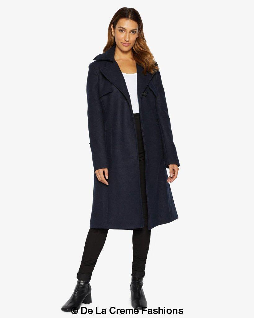 Rose Eleusis Dina lapel collar duster coat with belt, stylish long jacket featuring a tailored lapel collar and waist belt.