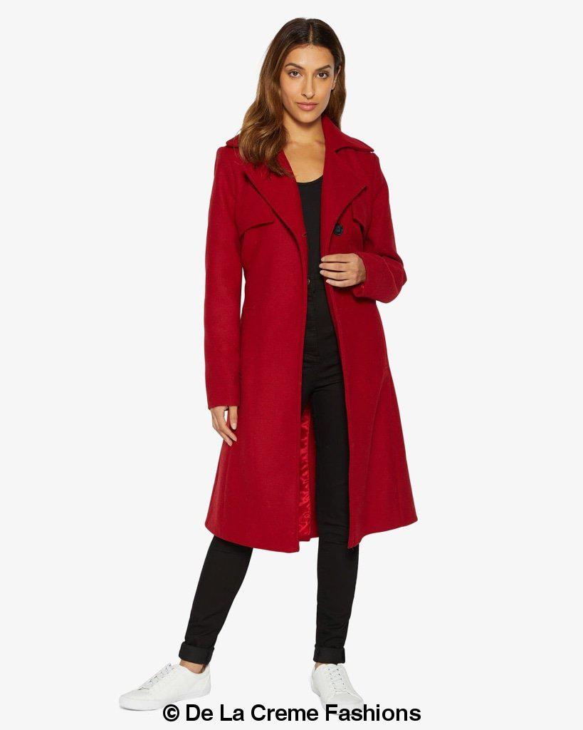 Rose Eleusis Dina lapel collar duster coat with belt, stylish long jacket featuring a classic collar and belt detail.