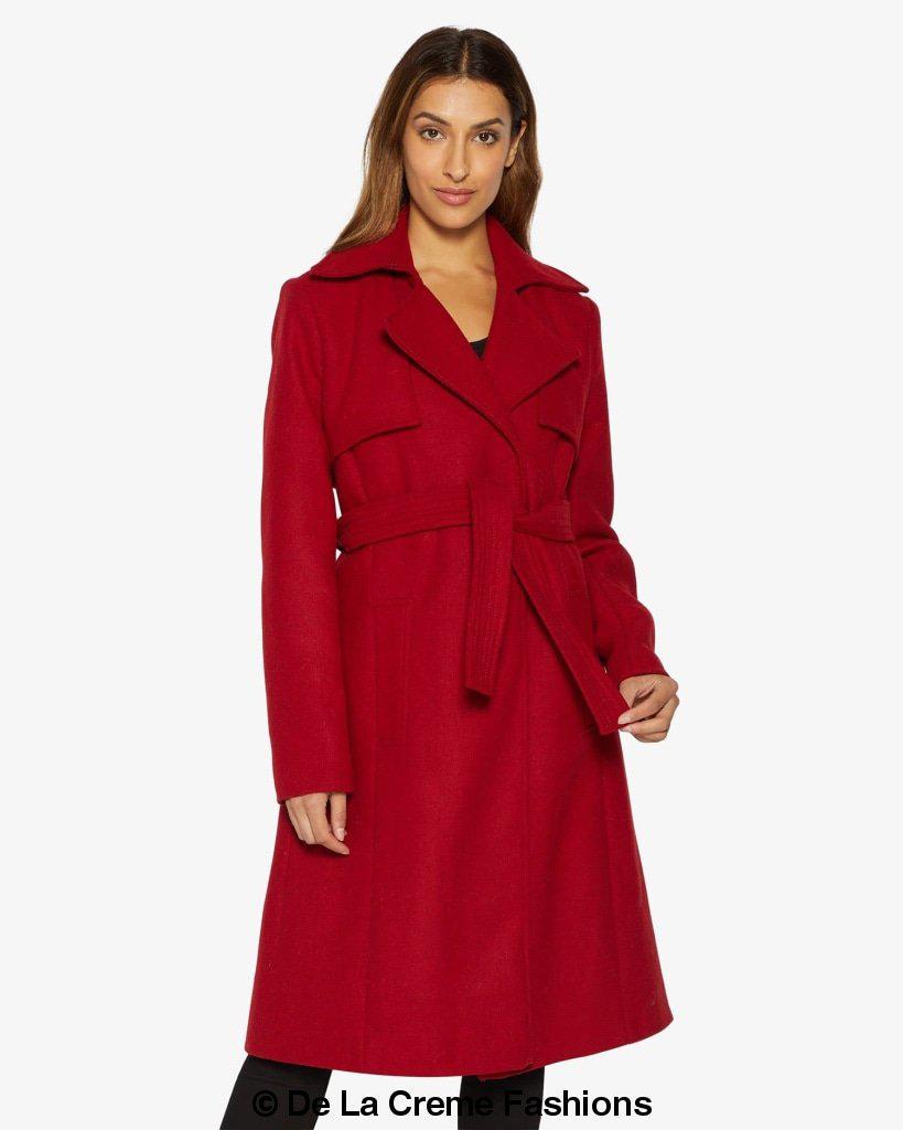 Rose Eleusis Dina lapel collar duster coat with belt, stylish long jacket featuring a classic collar and sleek design.