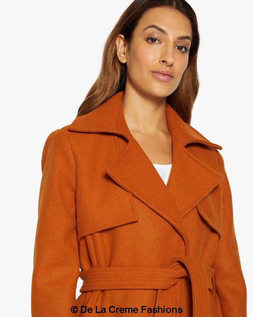 Rose Eleusis Dina lapel collar duster coat with belt, shown in a stylish long coat design with a cinched waist and classic lapel collar.