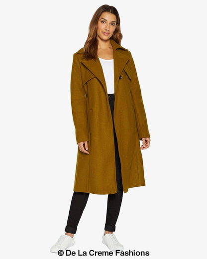 Rose Eleusis Dina lapel collar duster coat with belt, stylish long jacket featuring a tailored collar and belt detail.