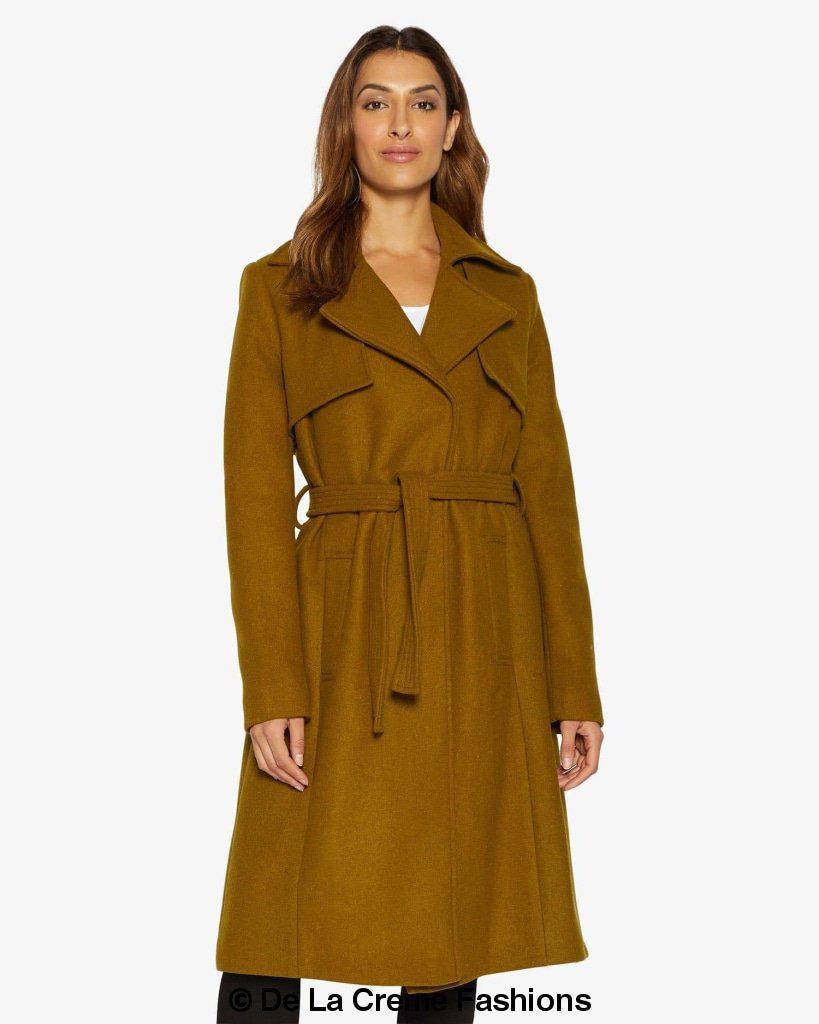 Rose Eleusis Dina lapel collar duster coat with belt, shown in a stylish long coat with lapel collar and belt detail.