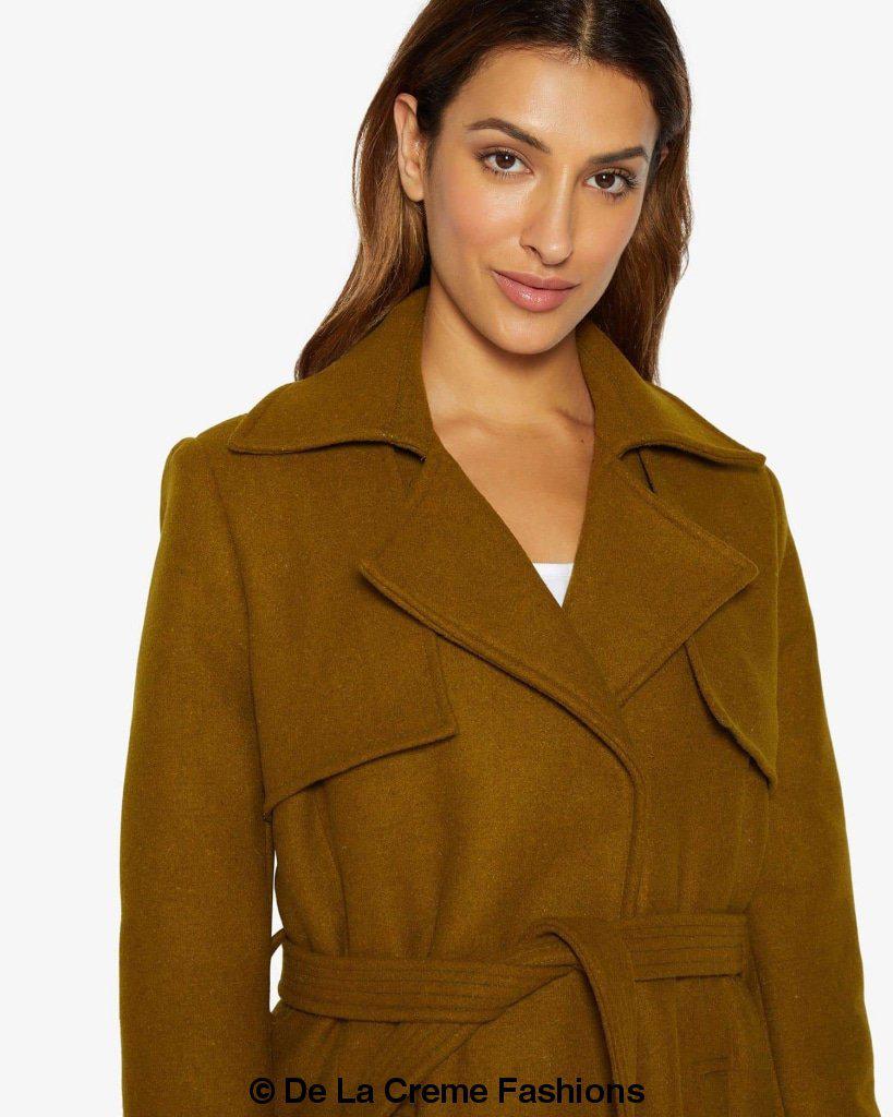 Rose Eleusis Dina lapel collar duster coat with belt, stylish long jacket in a neutral color, shown on a model.