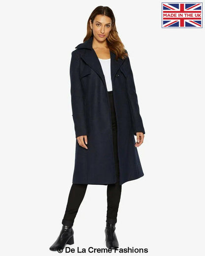 Navy Dina lapel collar duster coat with belt by Rose Eleusis, stylish long jacket for women, front view.