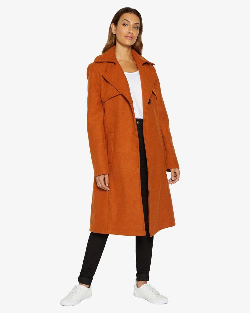 Rose Eleusis Dina lapel collar duster coat with belt, stylish long jacket featuring a classic collar and elegant design.