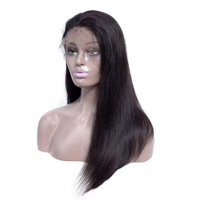 Straight Brazilian human hair lace frontal wig with 13x6 transparent lace, featuring sleek, natural-looking hair for a stylish appearance.