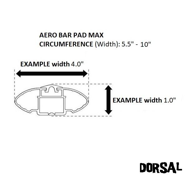 Side profile diagram of Cyan Hecuba DORSAL Aero Rack Pads on a 34-inch car crossbar, showing surfboard, kayak, and SUP mounting setup.