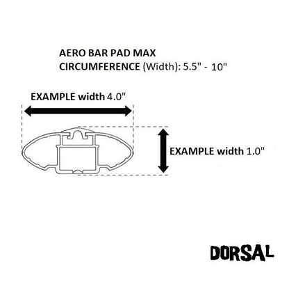 Side profile diagram of Cyan Hecuba DORSAL Aero Rack Pads on a 34-inch car crossbar, showing surfboard, kayak, and SUP mounting setup.