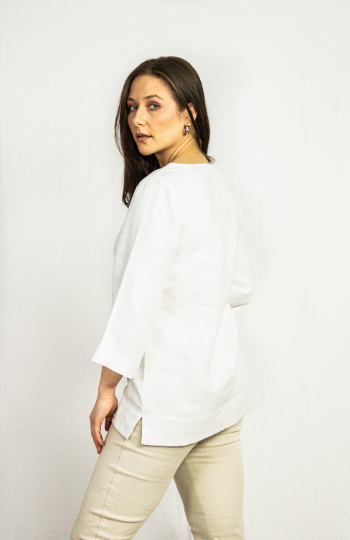 Asphalt grey linen oversize top by Magenta Sugarplum, relaxed fit with wide sleeves and casual style, shown on a model.