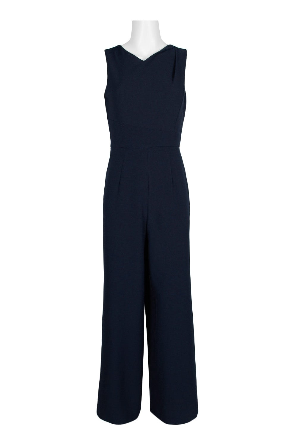 Navy sleeveless crepe jumpsuit with V-neck and zipper back, designed by Crimson Bamboo for women&