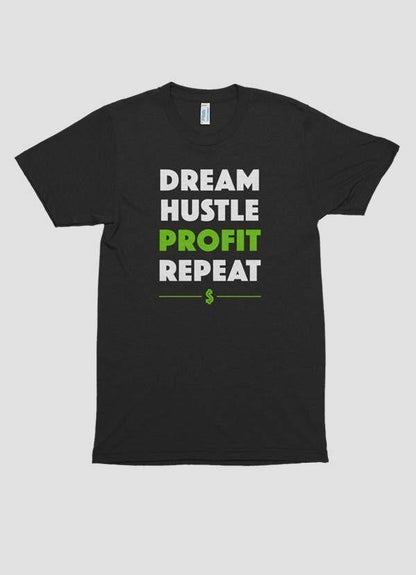 Scorpius Dream Hustle Profit printed T-shirt featuring bold text and graphic design on a casual black T-shirt.