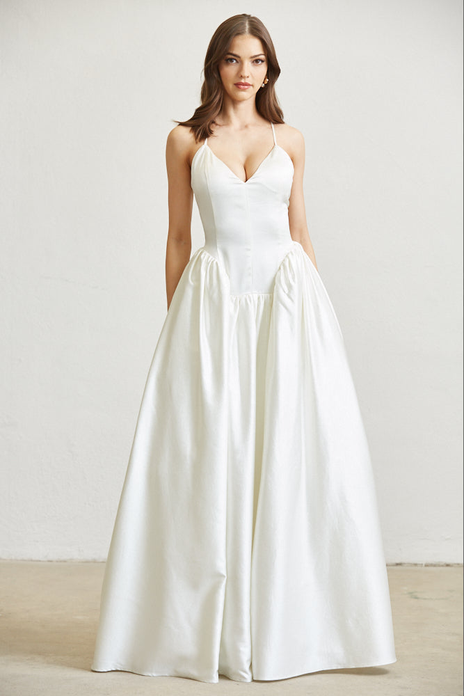 White Amphitryon Luna Bridal Maxi Dress for women, elegant white gown with flowing fabric and intricate lace details.