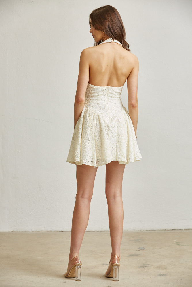 White Amphitryon Liza Pearl Lace Dress for women, featuring elegant pearl embellishments and delicate lace fabric.